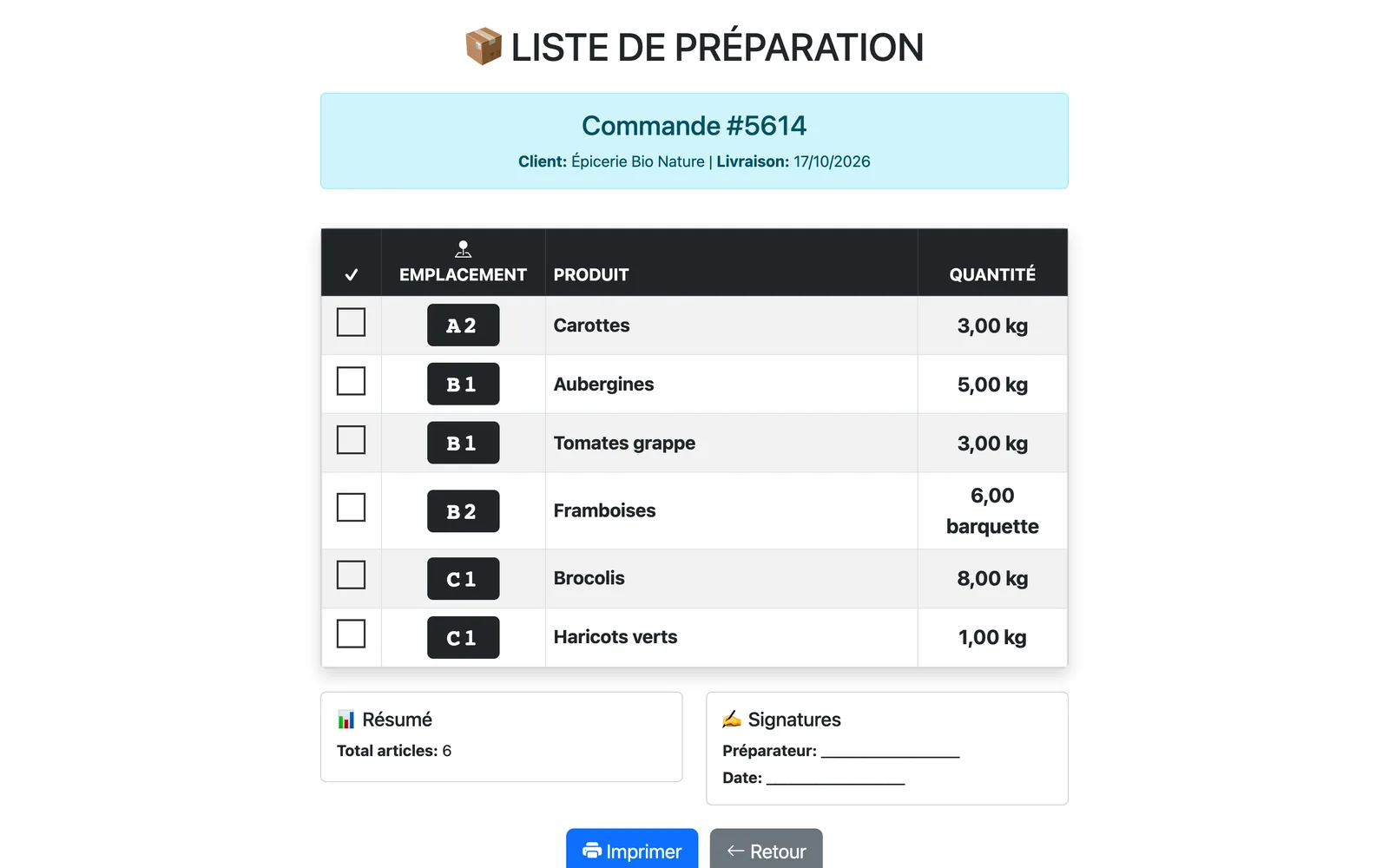 Liste de préparation imprimable triée par emplacement