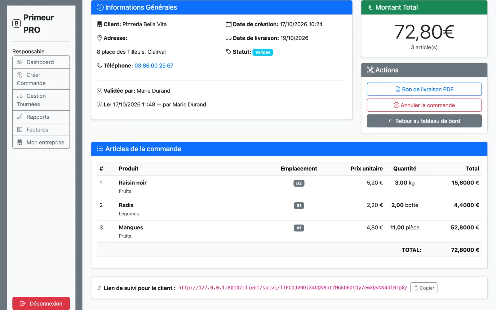 Fiche commande du responsable avec le bouton de validation