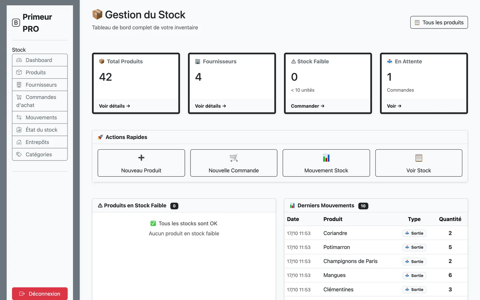 Tableau de bord du stock : produits, fournisseurs, stock faible, derniers mouvements